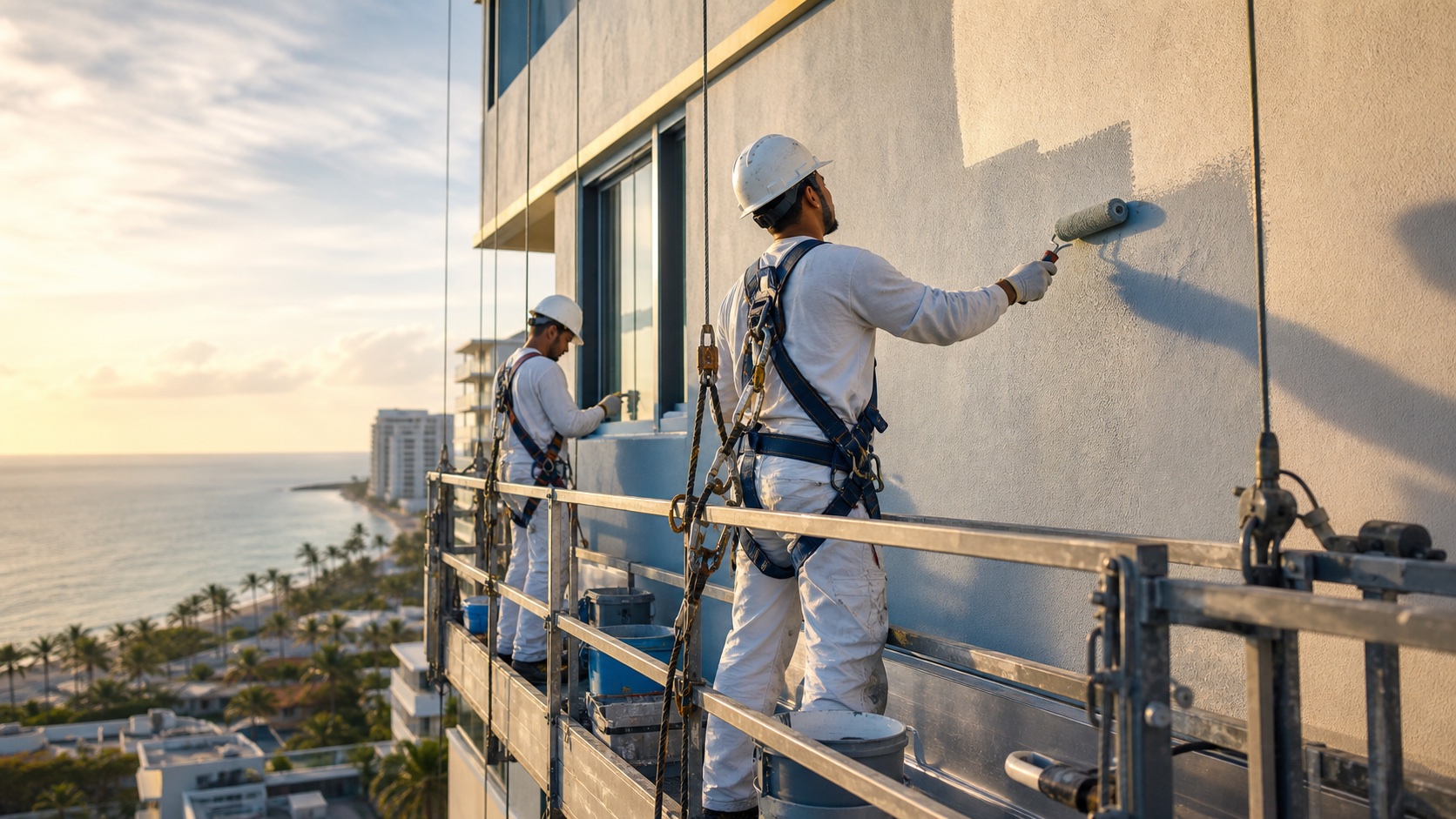 Representative visualization of a professional painting crew working on a coastal high-rise facade