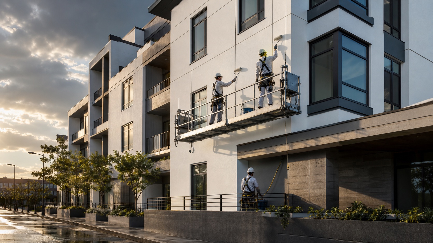 Representative visualization of painters refreshing a modern multi-unit building exterior