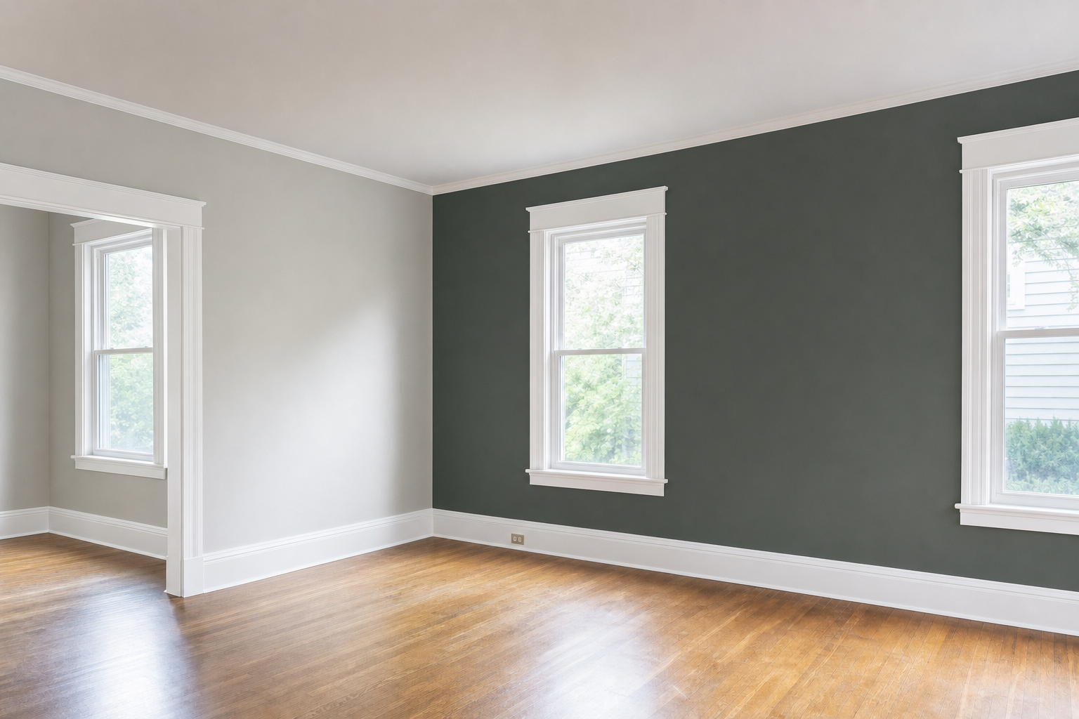 Representative living room refreshed with warm gray walls and crisp painted trim